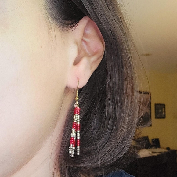 Vintage Bohemian Red & Gold Beaded Drop Earrings - Picture 2 of 8